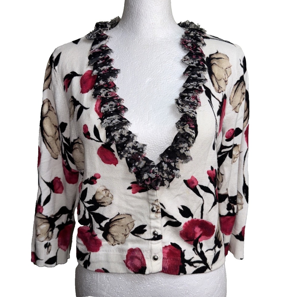 WHBM Women's Cardigan Sweater  Size L‎ Floral Romantic Boho Cottagecore Ruffles